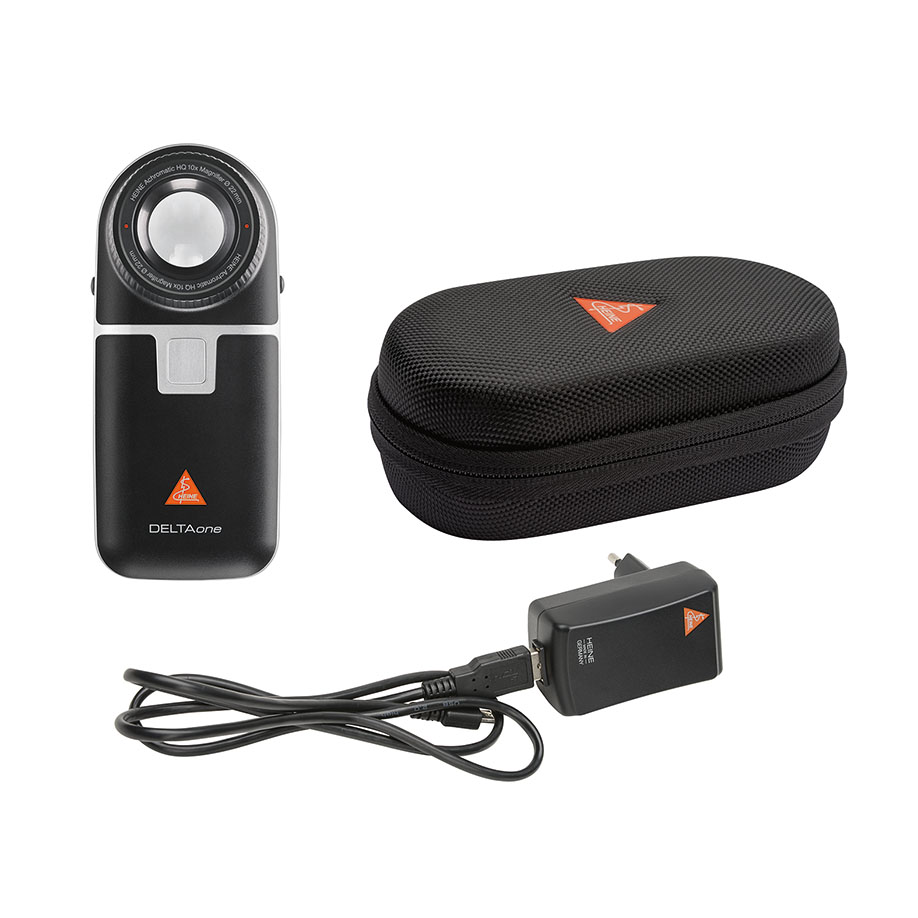 DELTAone Dermatoskop LED Standard Edition, schwarz-silber mit Kontaktscheibe mit Skala, USB Kabel mit med. zugelassenemSteckernetzteil und Etui