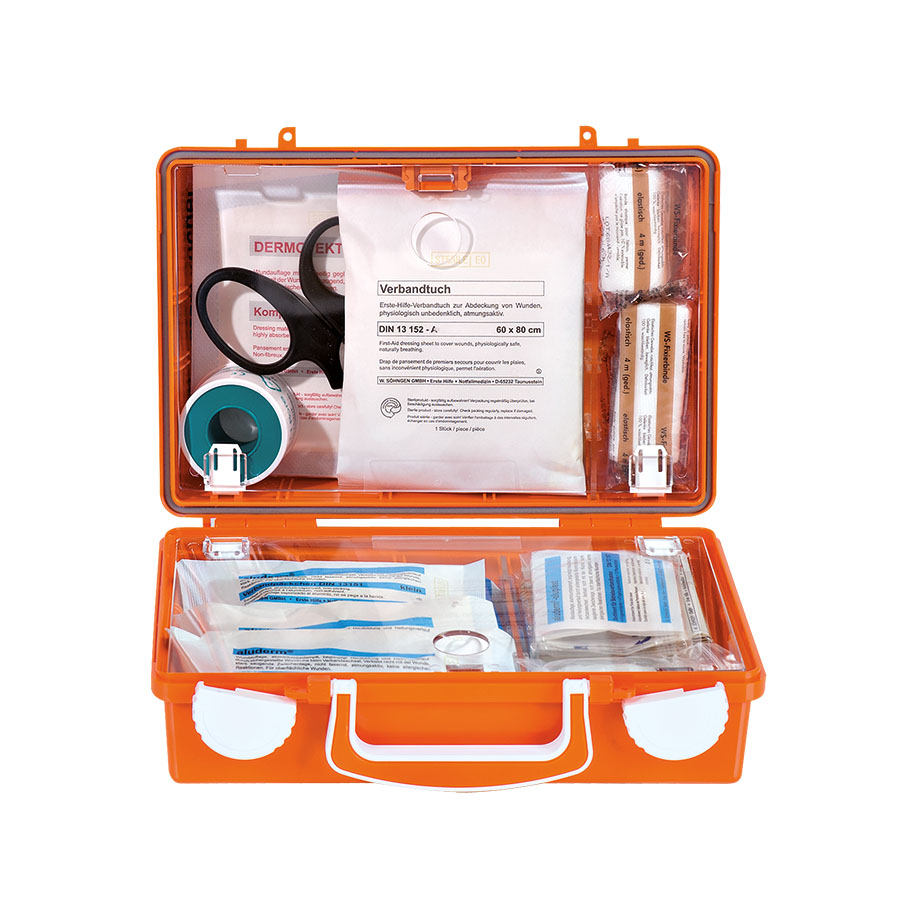Erste-Hilfe Koffer QUICK-CD mit Füllung Standard DIN 13157, orange mit Wandhalterung