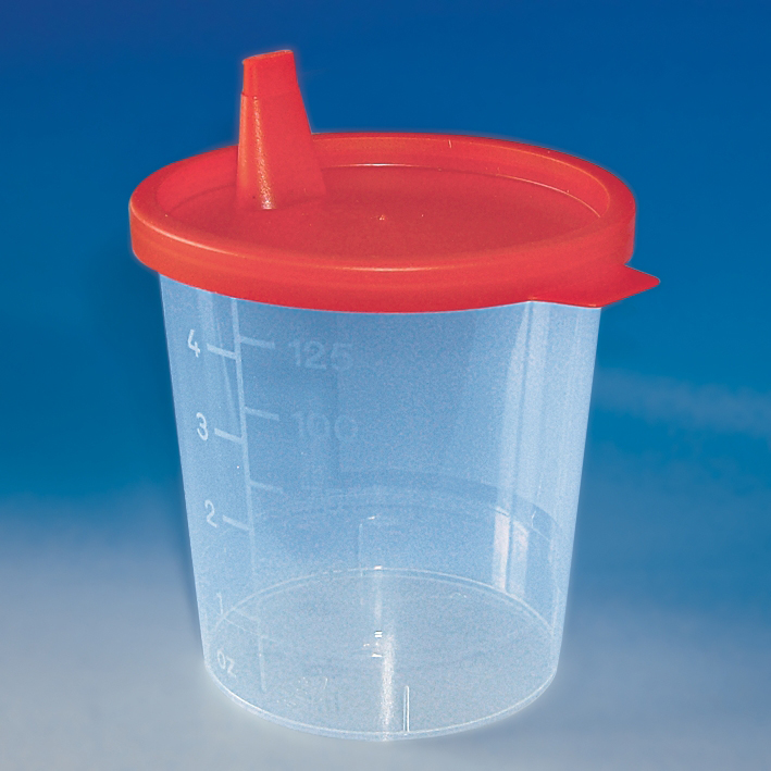 Urinbecher 125 ml mit Schnappdeckel rot im Karton