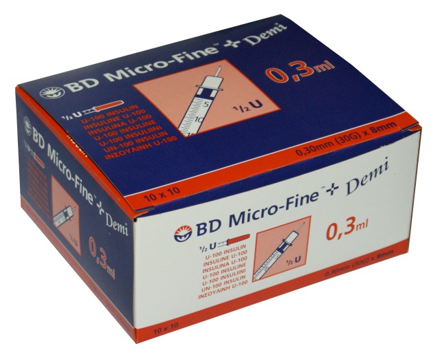 BD Micro-Fine+ Insulinspritzen Demi 0,3 ml, U-100 (100 Stck.) mit Kanüle 0,30 x 8 mm