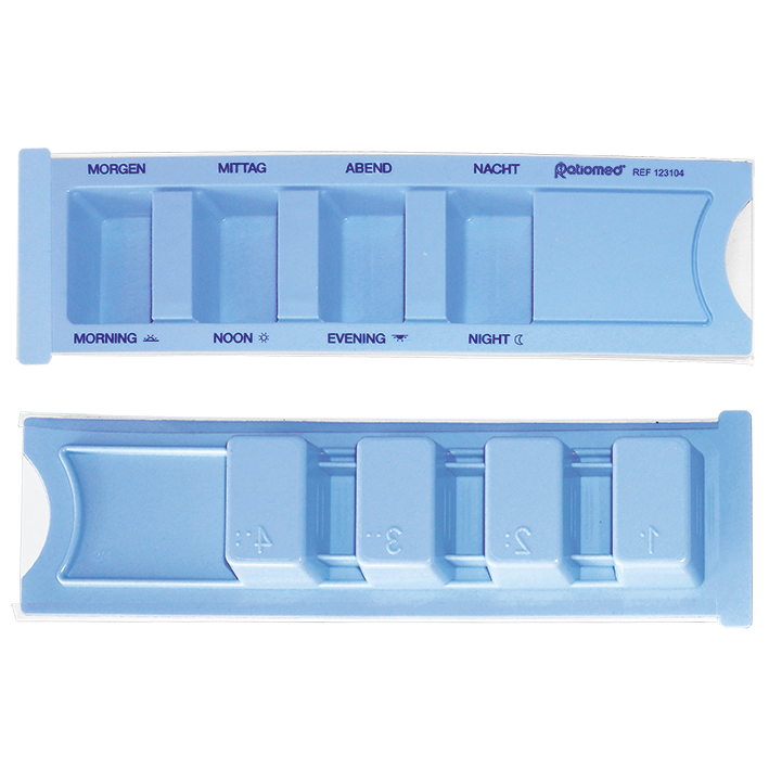 Medikamentendispenser ratiomed, blau, mit Beschriftung: deutsch/englisch, Blindenschrift, Symbole (Sonne und Mond)