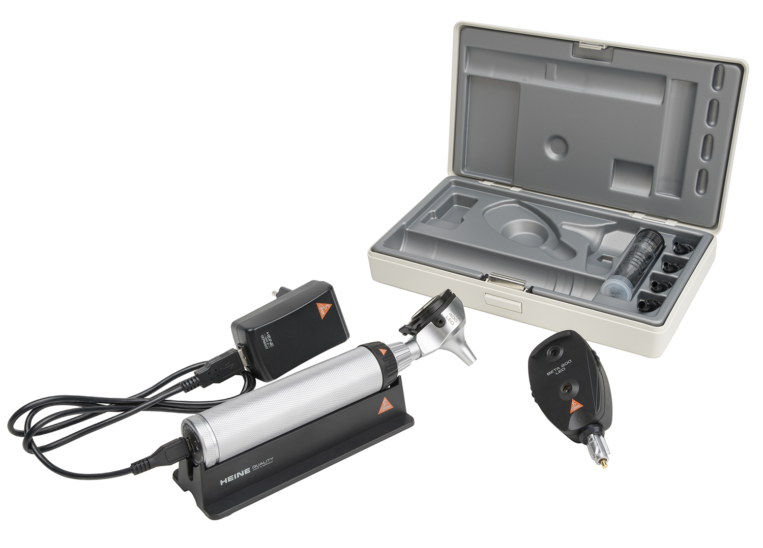 BETA 200 Ophthalmoskop/BETA 400 F.O. Otoskop Set LED mit BETA4 USB Ladegriff, USB Kabel und Steckernetzteil