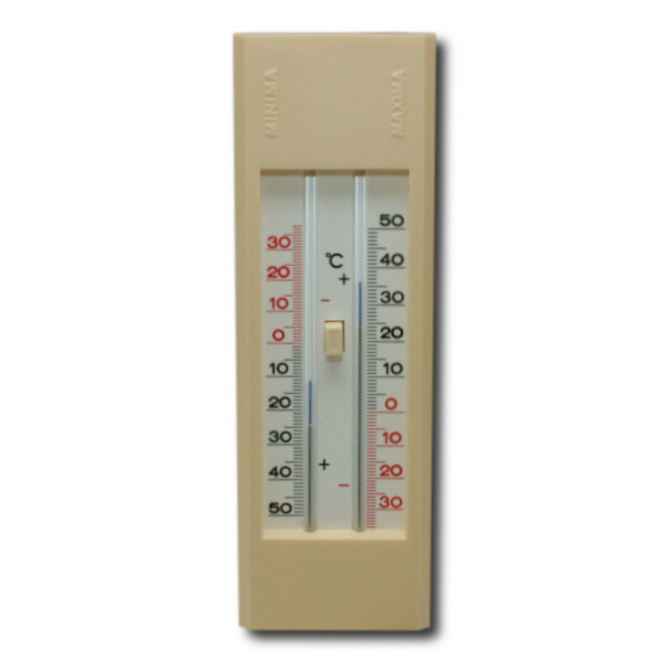 Maxima-Minima-Thermometer mit Drucktasten-Magnet und Dach quecksilberfrei