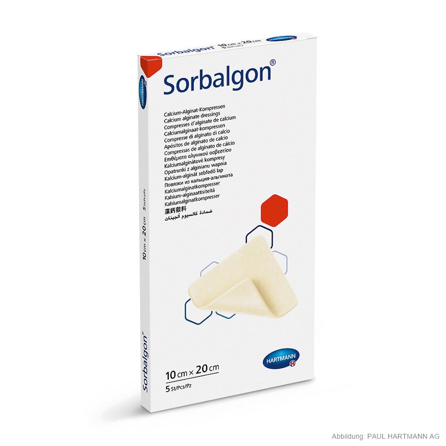 Sorbalgon Classic steril 10 x 20 cm Calcium-Alginat-Kompressen (5 Stck.)