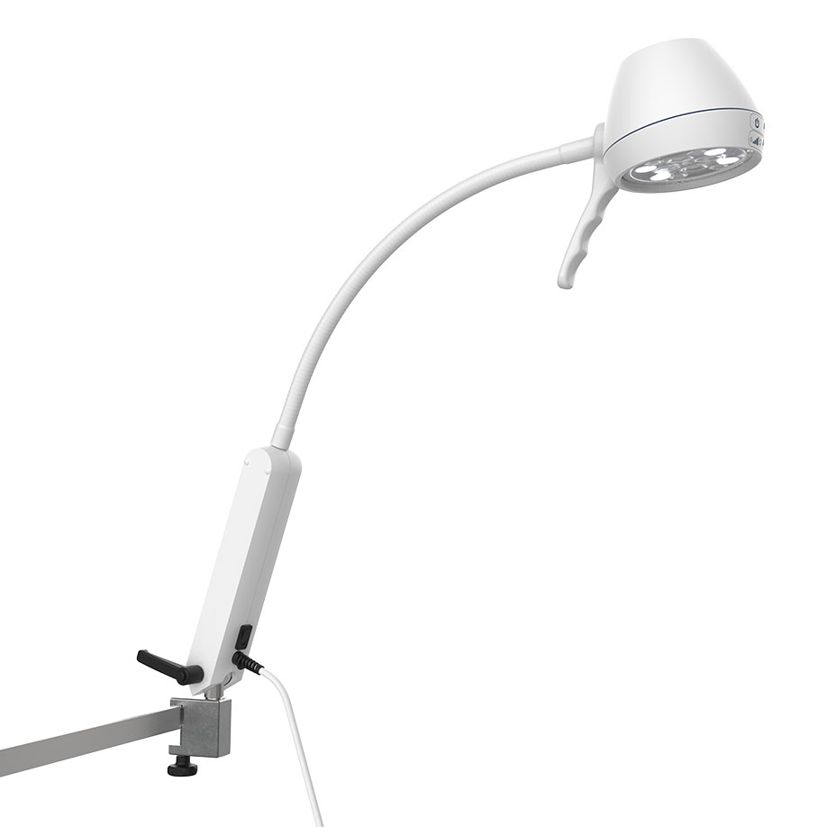 LED-Untersuchungsleuchte Touchless mit Flexarm, Wandausführung zur Montage an Normschiene inkl. Normschienenklaue