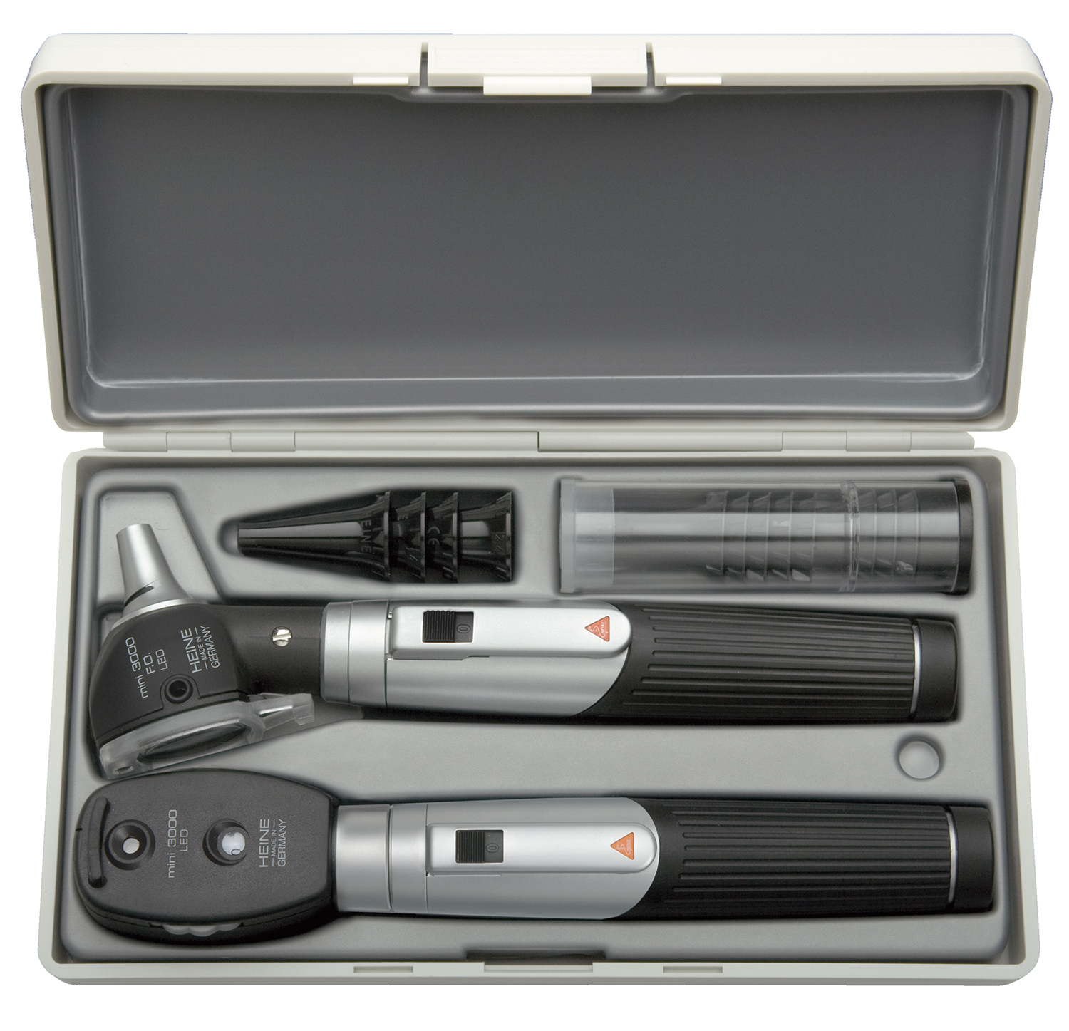 mini 3000 LED Ophthalmoskop/F.O. Otoskop Set 2,5 V mit 2 Batteriegriffen mini 3000 inkl. Batterien, 10 AllSpec Einweg-Tips 4 mm Ø,im Hartschalenetui