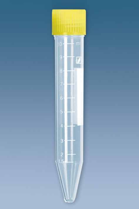 PP-Schraubröhrchen 10 ml, 100 x 16 mm Spitzboden, steril (100 Stck.) Verschluss gelb montiert
