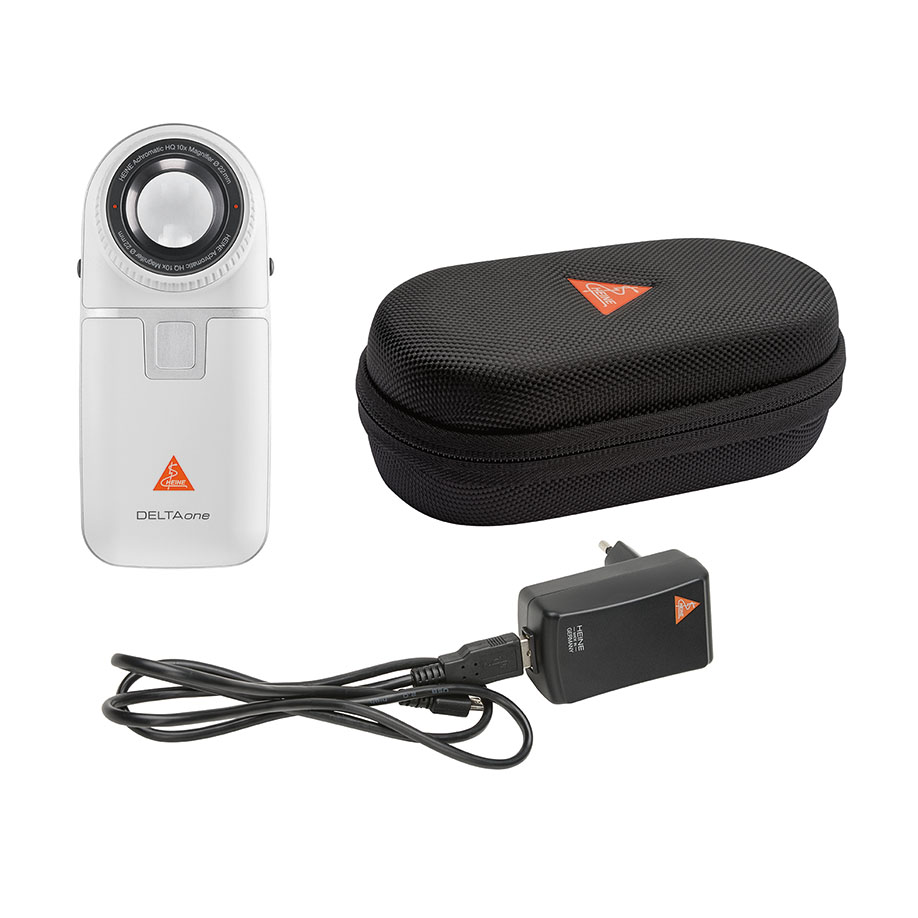 DELTAone Dermatoskop LED White Edition, weiß-silber mit Kontaktscheibe mit Skala, USB Kabel mit med. zugelassenemSteckernetzteil und Etui