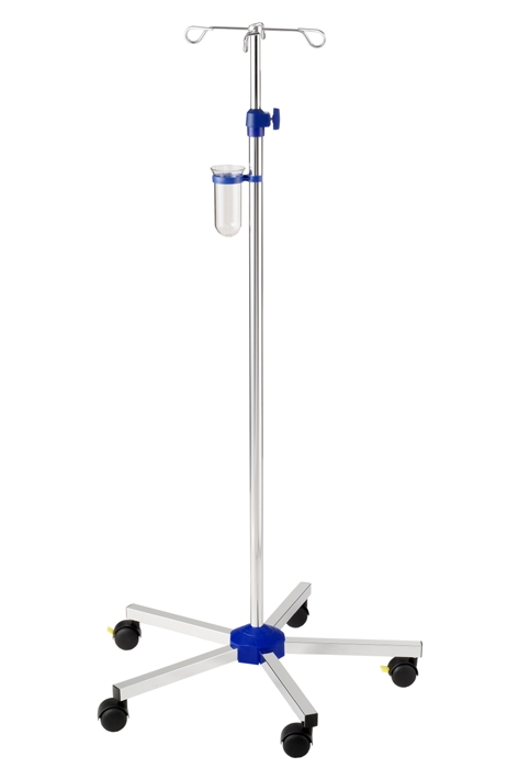 Infusionsständer verchromt ohne Beschwerung, Doppellaufrollen Ø 50 mm mit Schraubhöhenverstellung