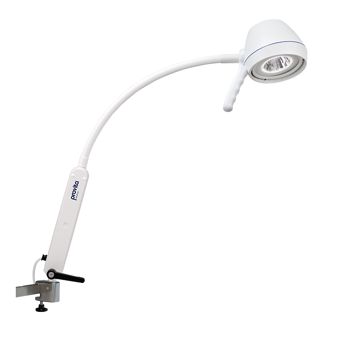 LED-Untersuchungsleuchte Touchless mit Flexarm, Wandausführung zur Montage an Normschiene inkl. Normschienenklaue