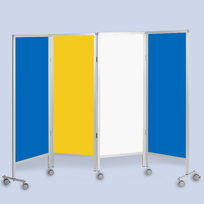 Wandschirm 4-flügelig, fahrbar, Farbe: blau/gelb/weiß/blau (Strecke)