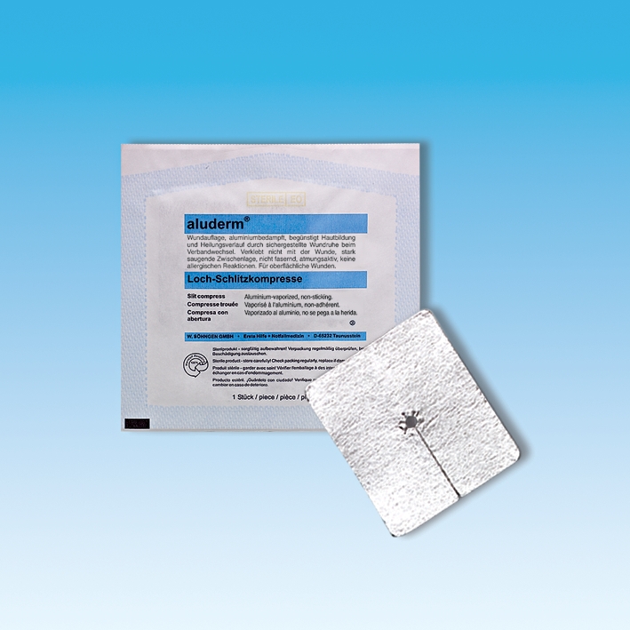 aluderm Loch-/Schlitzkompresse steril CH 32 - 50, 8 x 9 cm