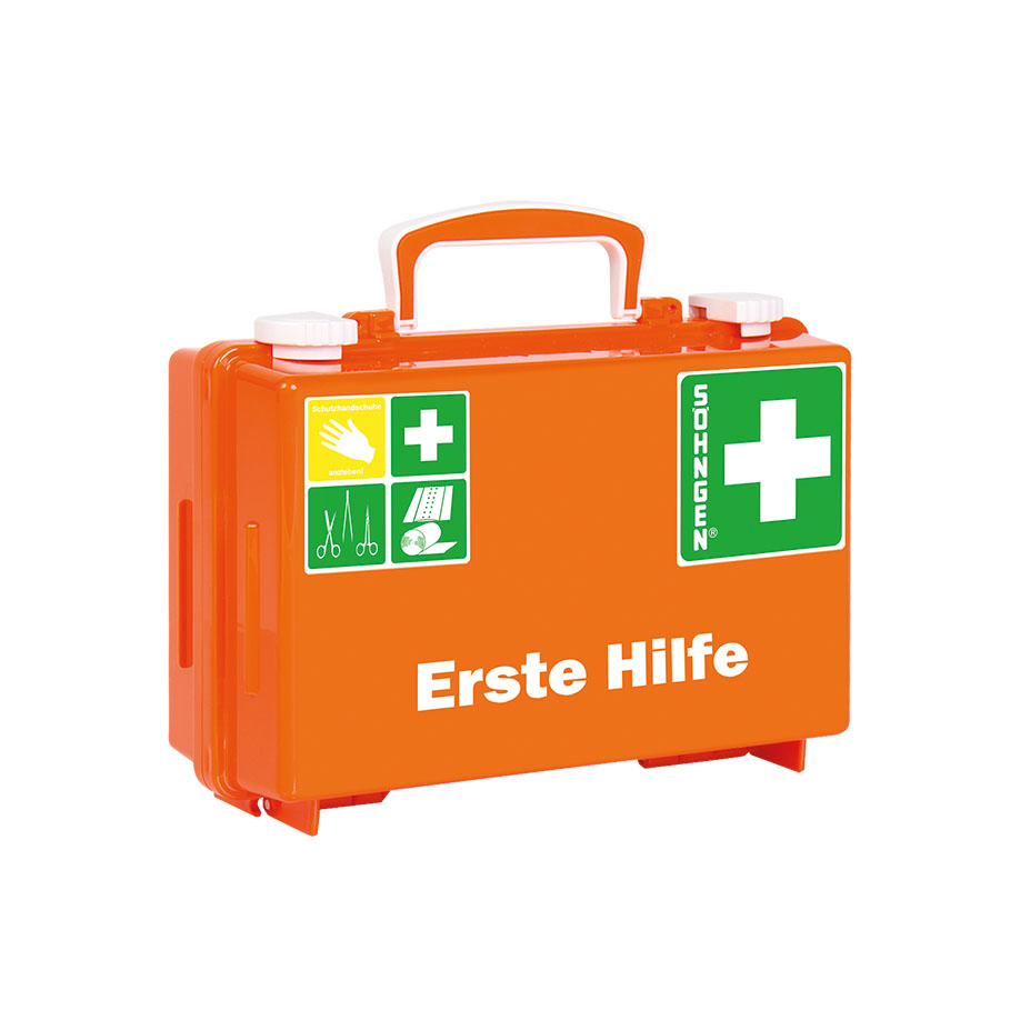 Erste-Hilfe Koffer QUICK-CD mit Füllung Standard DIN 13157, orange mit Wandhalterung