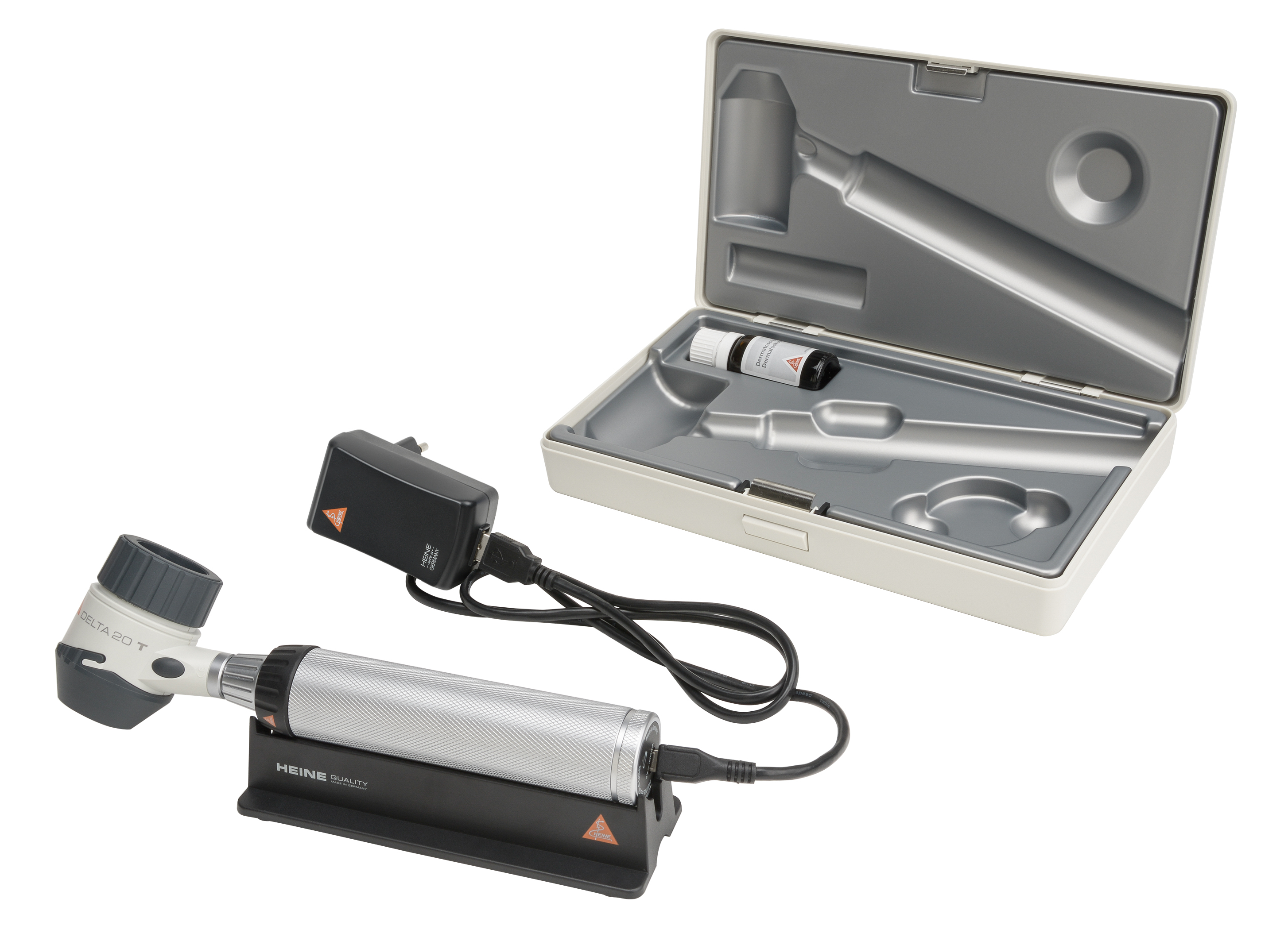 DELTA 20 T Dermatoskop-Set mit BETA4 USB Ladegriff mit USB Kabel und Steckernetzteil