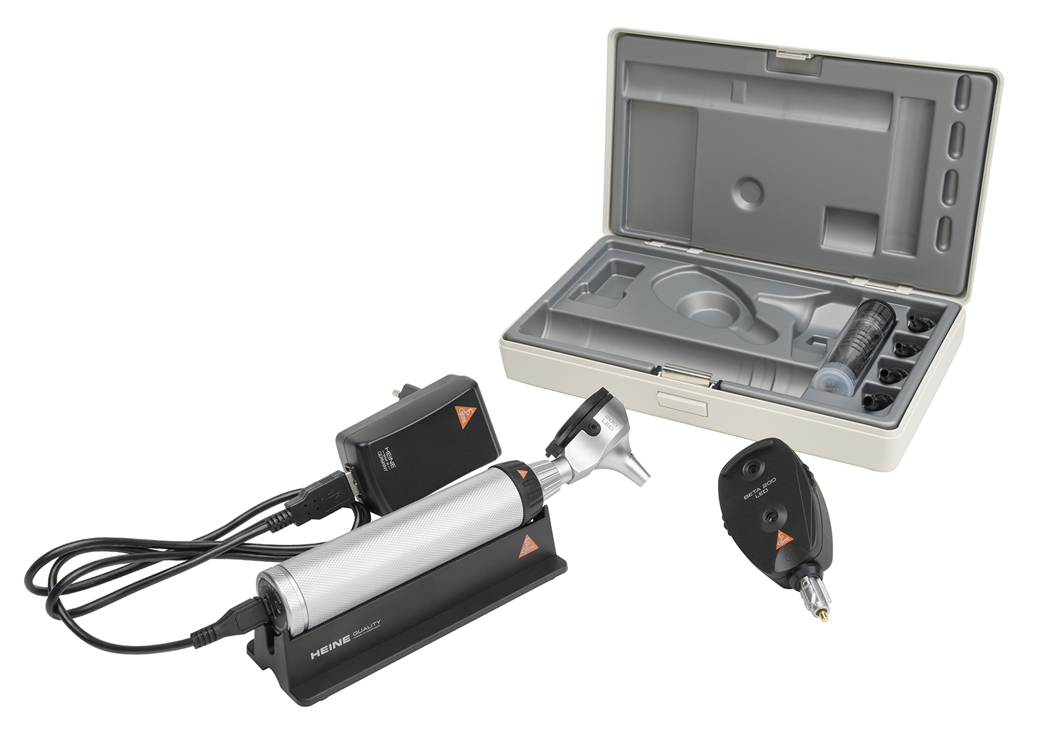BETA 200 Ophthalmoskop/Otoskop Set LED mit BETA4 USB Ladegriff, USB Kabel und Steckernetzteil