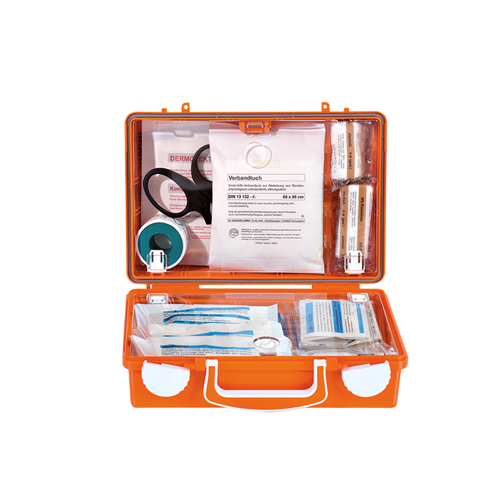 Erste-Hilfe Koffer QUICK-CD mit Füllung Standard DIN 13157, orange mit Wandhalterung