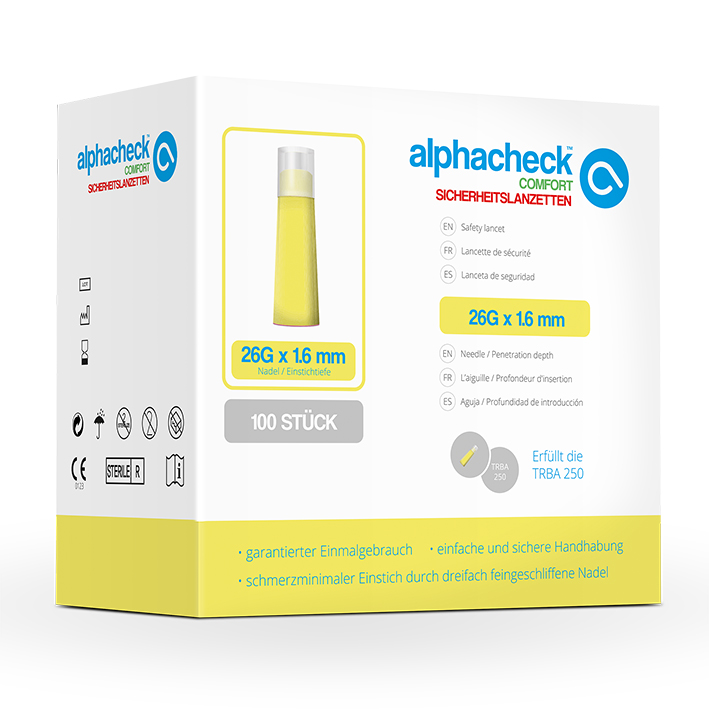 alphacheck comfort Sicherheitslanzetten 26 G x 1,6 mm (100 Stck.)